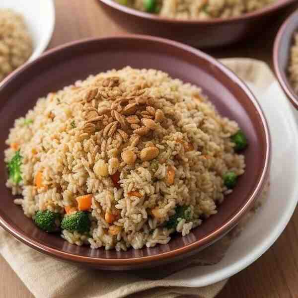 Теплый салат из бурого риса с овощами